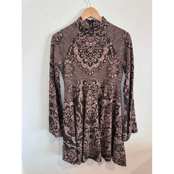 Free People Dresses & Skirts - Free People Mock Neck Damask Knit Mini Dress Brown Black Long Sleeve Small